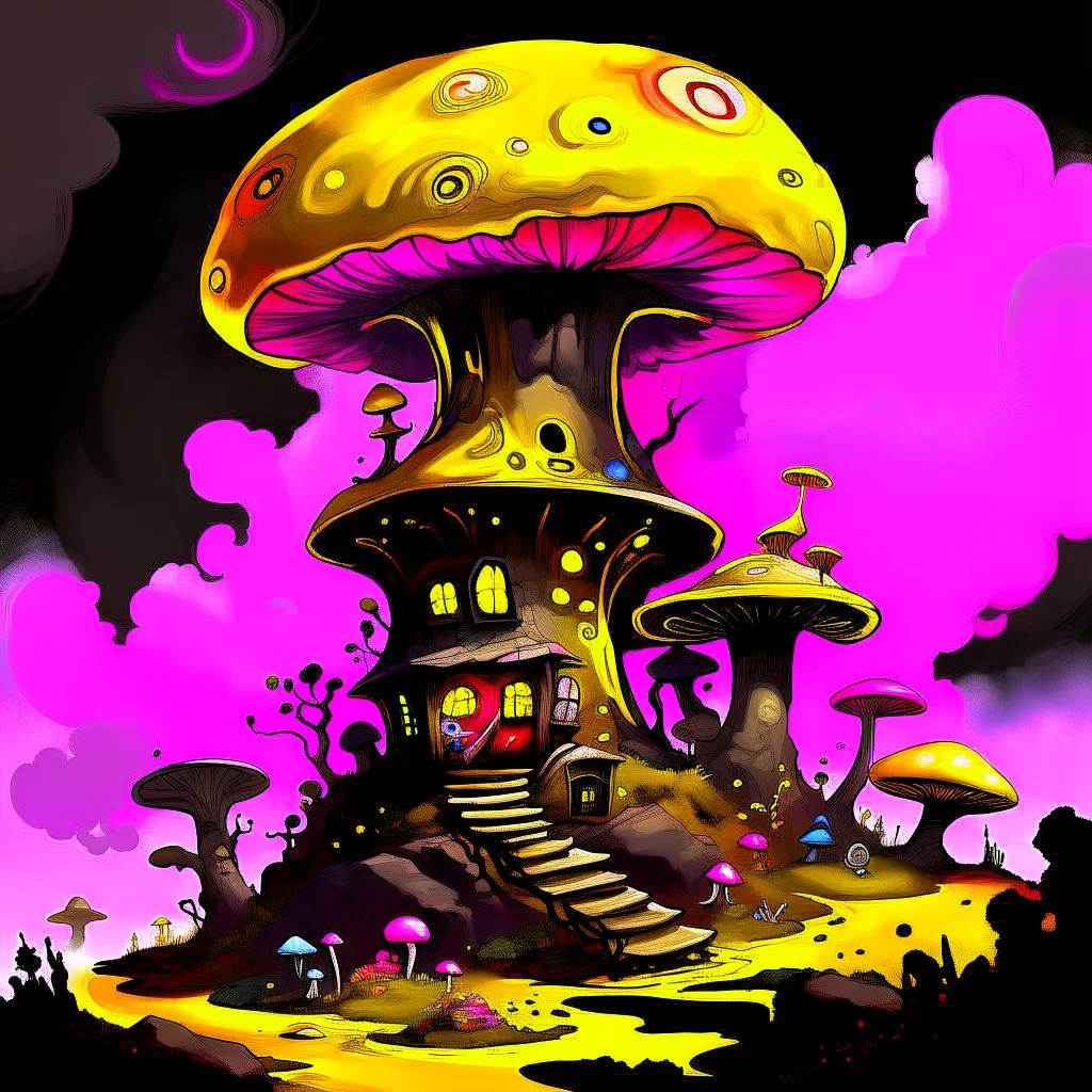 A fantabulous black, yellow, and pink (((mushroom tower house))) erected atop a (geologic pillar), surrounded by the uncanny imaginative ((( swirling skies))), offset by the stark hues of a (neon-tinged nebulous space scape), within. captured by the hand a skilled master painter with a focus on (softly blurred compositions and voluminous lighting).