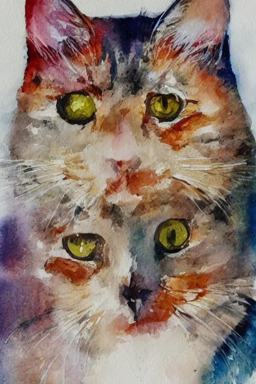 watercolor painting, cat, happy, bright color,