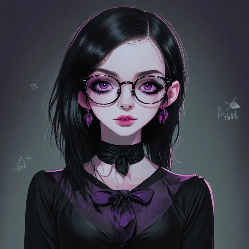 a pretty 18 year old girl, goth aesthetic, glasses, digital art, stylised