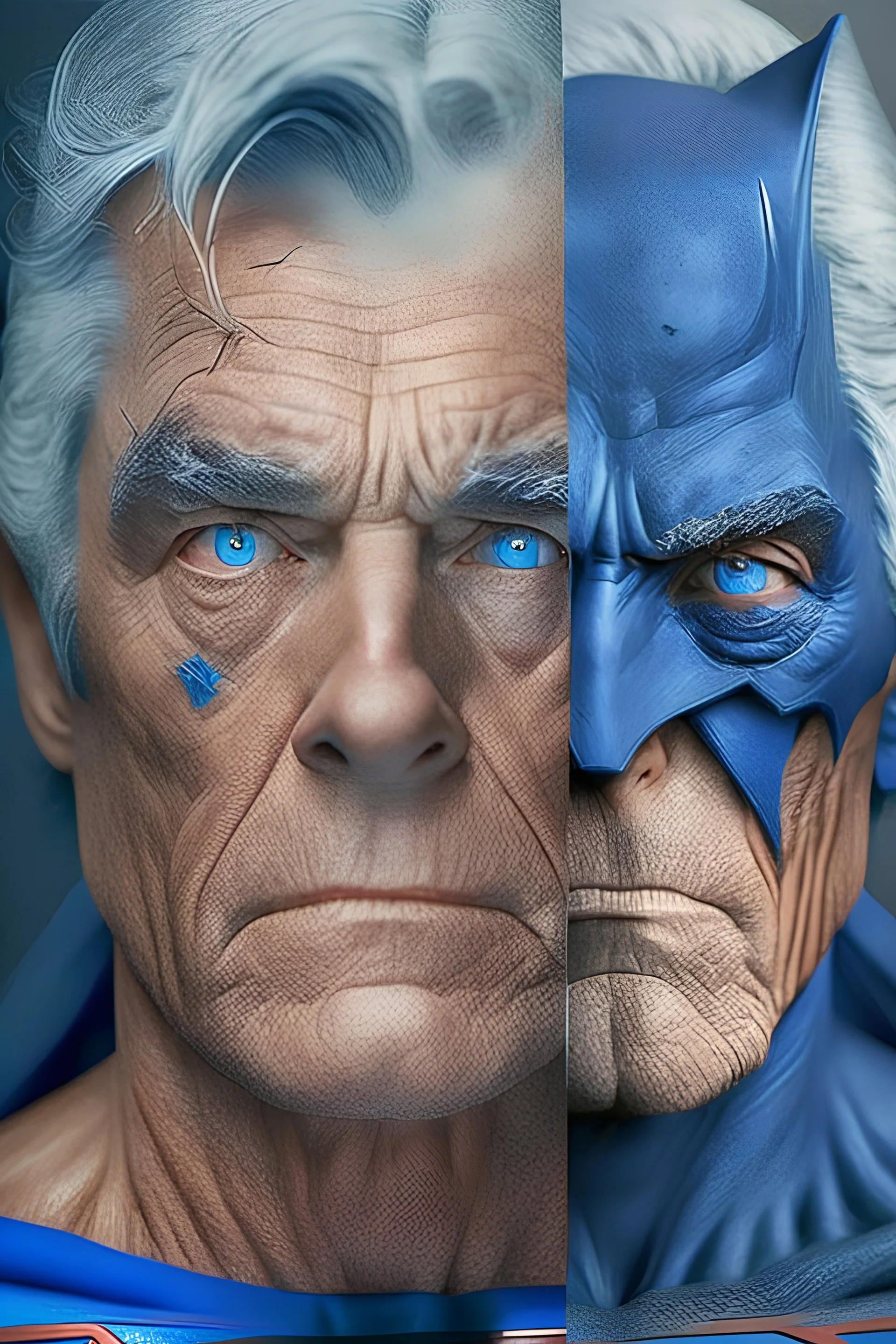 superman with batman old faces and gray hair with big blue eyes