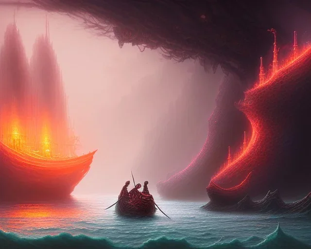 sango fantasy, fantasy magic, intricate, sharp focus, illustration, highly detailed, digital painting, concept art, matte, Greek mythology Charon ferryman in boat on river styx, sharp jagged rocks, red purple blue colours, red hot lava river