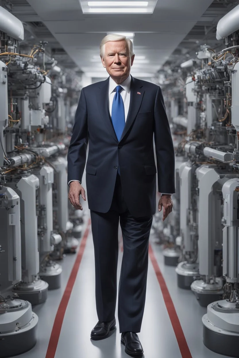 A full body portrait of a president in his 70s. HIgh tech future