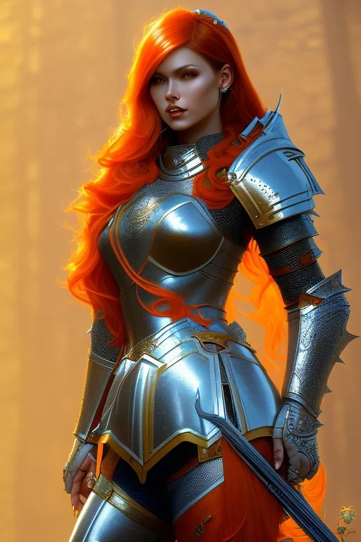 milf, dark orange hair, knight armor, full body, forest, 8k resolution, high-quality, fine-detail, intricate, fantasy art, detailed matte, volumetric lighting, illustration, 3D