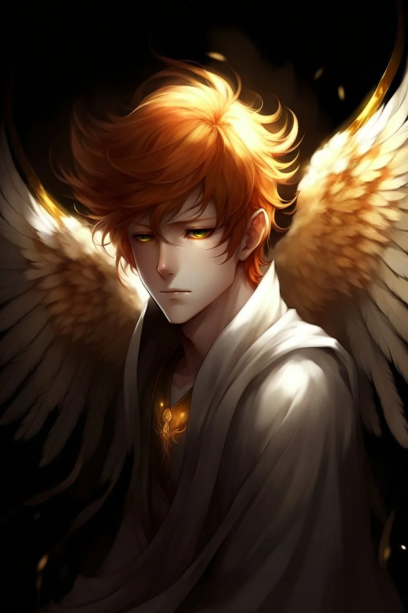 A male angel with red hair, gold eyes, and large white feathered wings that appear burned.