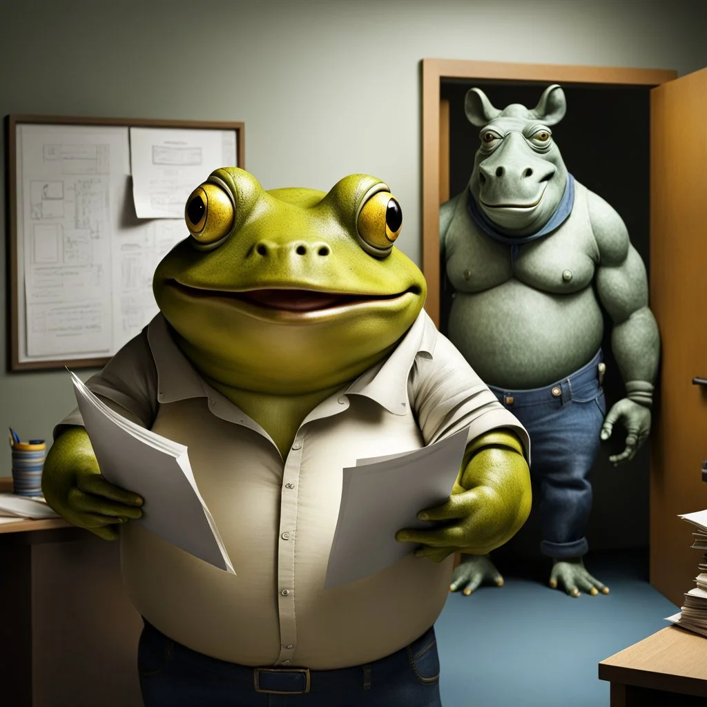 photo of a fat yellow-green color anthropomorphic frog in simple human cloths and take between his hands many paper in office, on the wall hang an wall board with some written sheets of paper, in background standing an anthropomorphic strong gray rhinoceros in blue jeans and in t-shirt behind in halb open door , dark colors, detailed 3d, sci-fi, fantasy mood