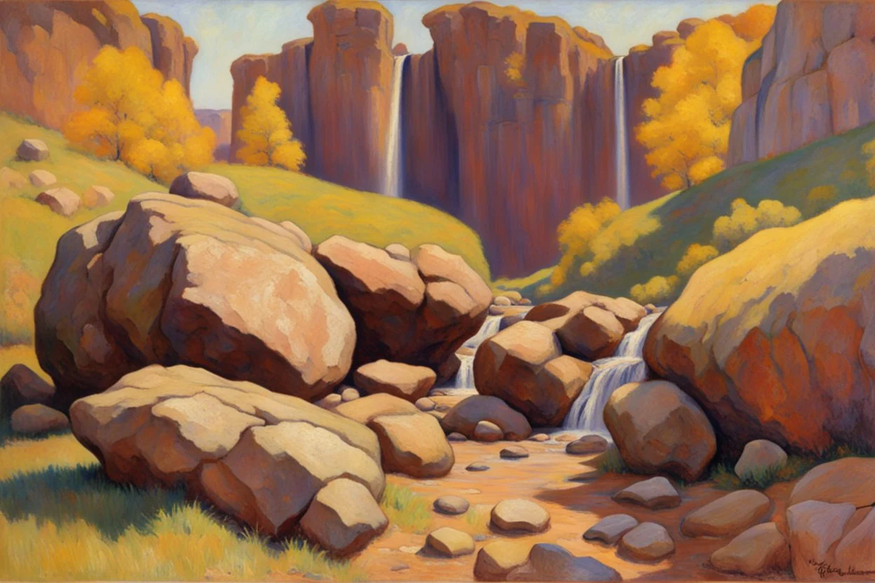 Sunny day, rocks, waterfalls, rocky land, mountains, friedrich eckenfelder and georges lemmen impressionism paintings