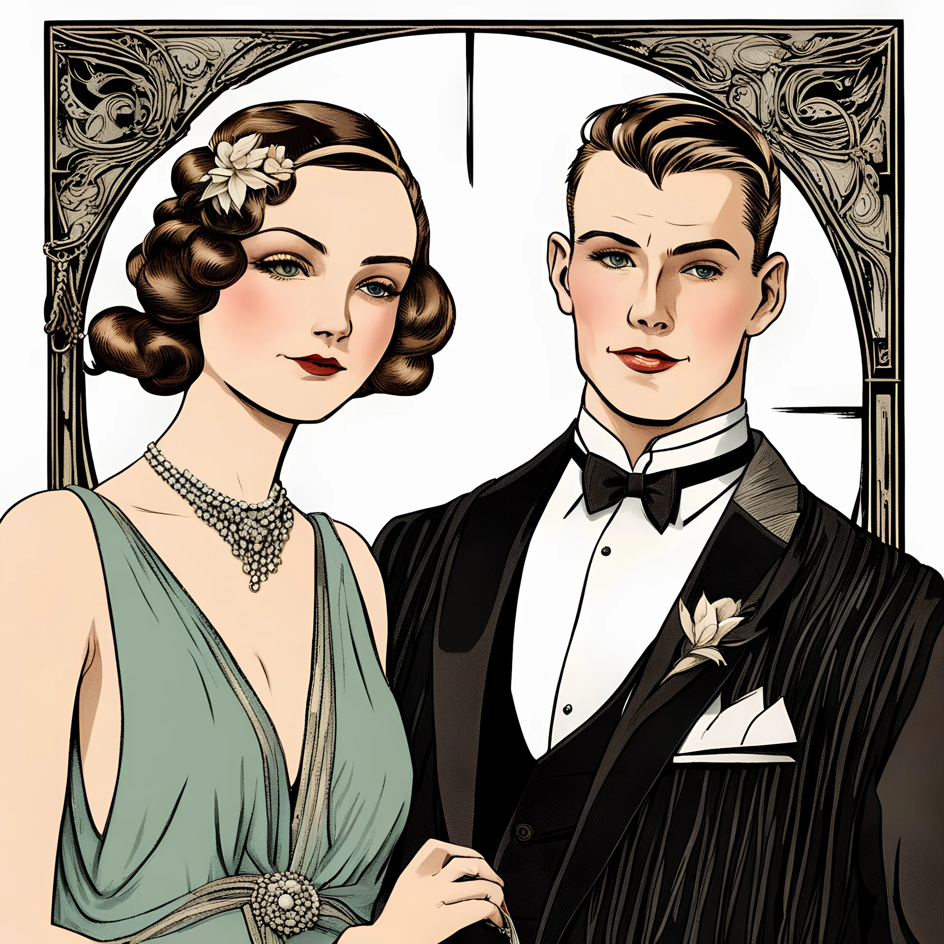 a beautiful woman in formal 1920s attire with a handsome man in formal attire from present day