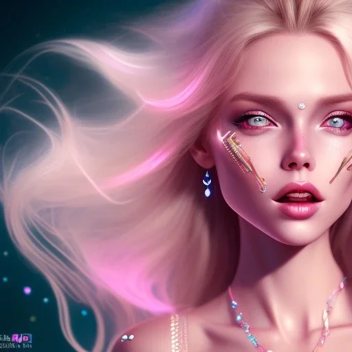 Smiling happy cosmic girl, jewels, realistic long blond hair, blue eyes, pink glossy lips, cinematic lights, HQ, 4k, high details