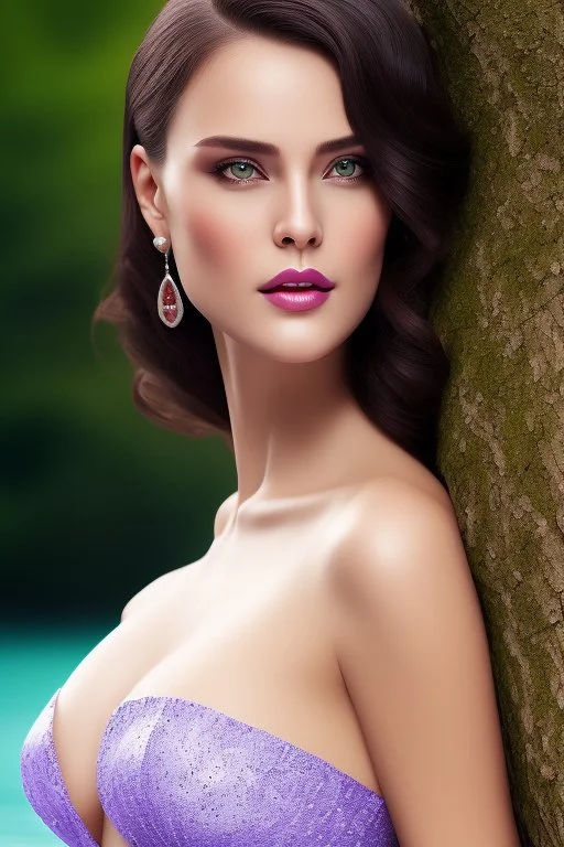 full body long shot of roman, realistic face, accurate and detailed facial features, symmetric eyes, big lips,(purple lips), pale skin, ample cleavage, tube top ,standing in river side next a old tree.