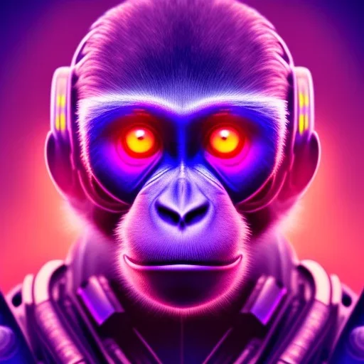 A beautiful portrait of a cyborg monkey purple neon color scheme, high key lighting, volumetric light high details psychedelic background