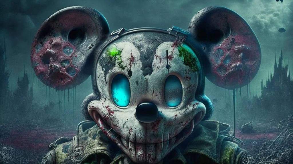 zombie mickey mouse hybrid, photorealism, movie screen capture, horror, sci-fi, retrofuturism,