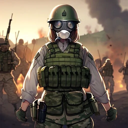 army girl, combat fatigues, plate carrier vest, gas mask, military helmet, battlefield in the background, trending on artstation