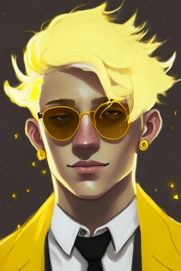 Realistic young man with fluffy yellow hair, big black eyes, yellow freckles, small black earrings, smirk, dark beige kin, yellow tuxedo, yellow star sunglasses on head