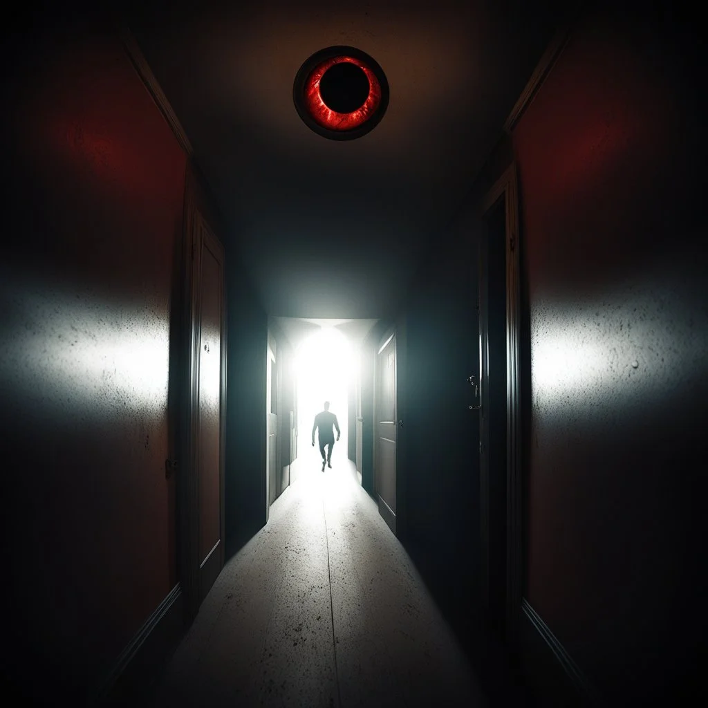 A demonic figure standing in a dim apartment corridor, seen through a door peephole. Circular fisheye lens distortion, dark vignette around the edges, warped perspective. The demon has elongated limbs, shadowed features, glowing dim red eyes, subtle smoke-like aura rising from its body. Flickering hallway lights cast long shadows. Ominous, cinematic atmosphere, high detail, moody lighting
