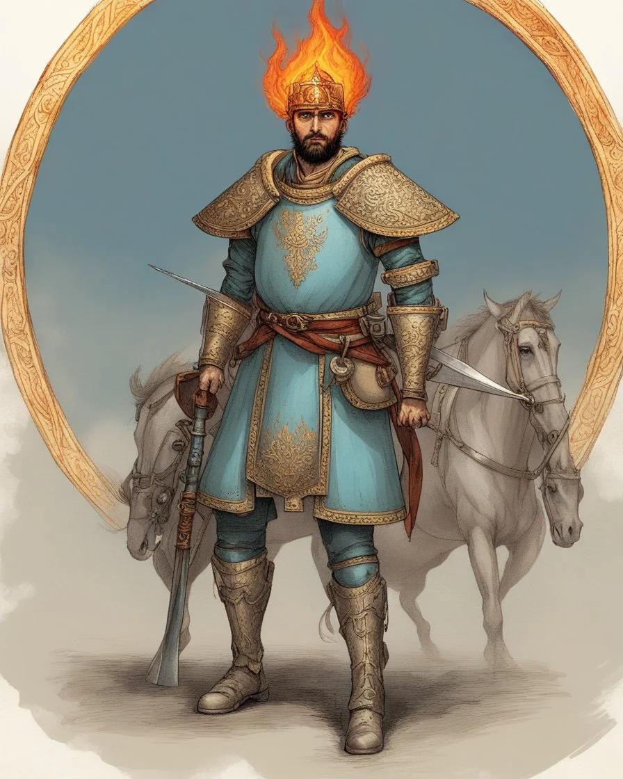 An iranian commander with flaming eyes with flaming light blue pupils with stubble An armor made of a mixture of steel and leather, worn by a strong commander with magical power stands atop a squire