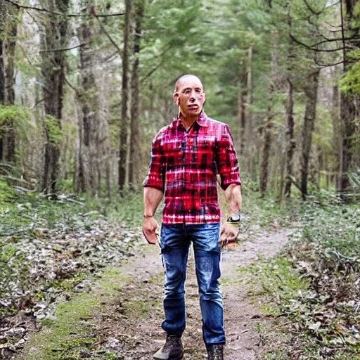 Georges st pierre with a red plaid shirt a jean and a military backpack in a creepy forest with a gun in the hands