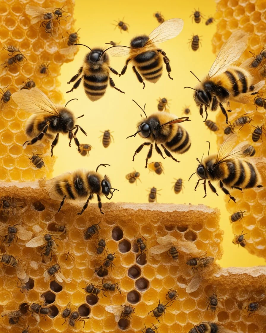 bees flutter over the hive, behind there is a honey yellow background and honeycombs