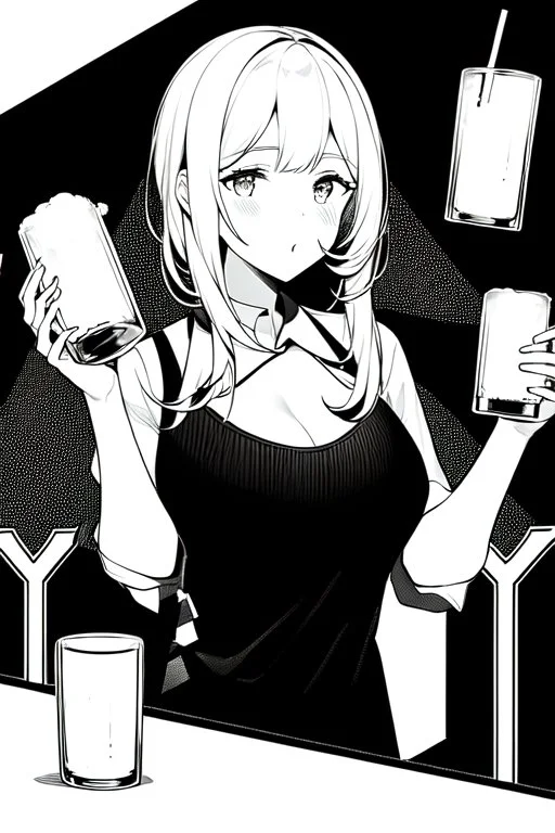 girl drinking a beer, line arts, greyscale