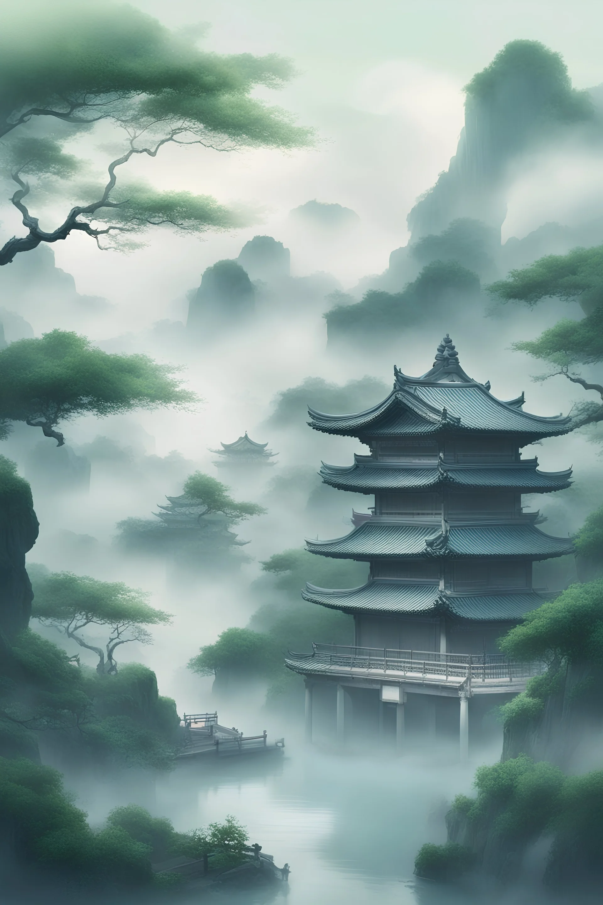 Jiangnan, green wind, clouds and mist, a little tender green and blue, ancient style, poetry and illustration, very clear and delicate. There are no pavilions.