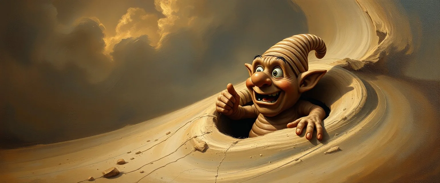 master oil painting by Rembrandt, good afternoon clay golem peeking out of a sand twister whirlwind, in the style of disney