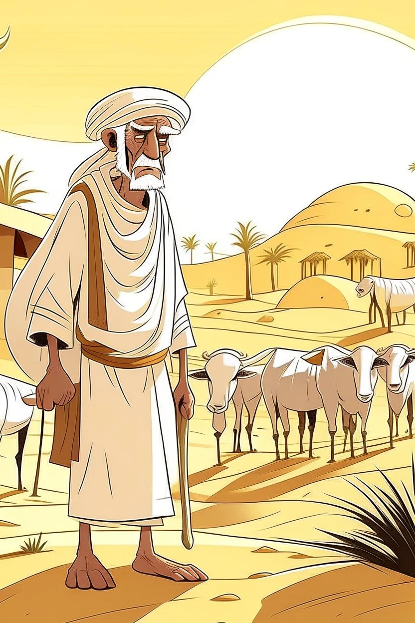 Old man, Arab, turban, white clothes, cattle, desert, council, sun, palm trees, mud houses, holding a stick, looking forward, a very slight smile.cartoon