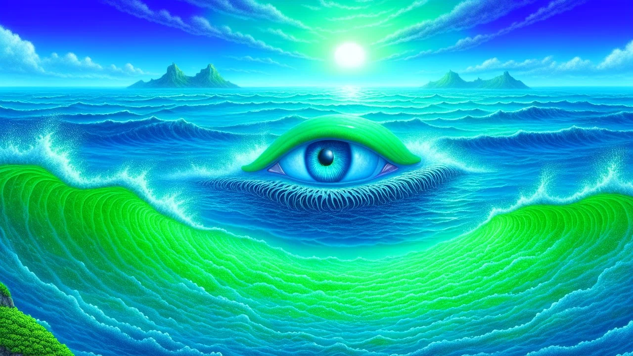 fantasy illustration of a beautiful pacific ocean, blue colors with big green eyes