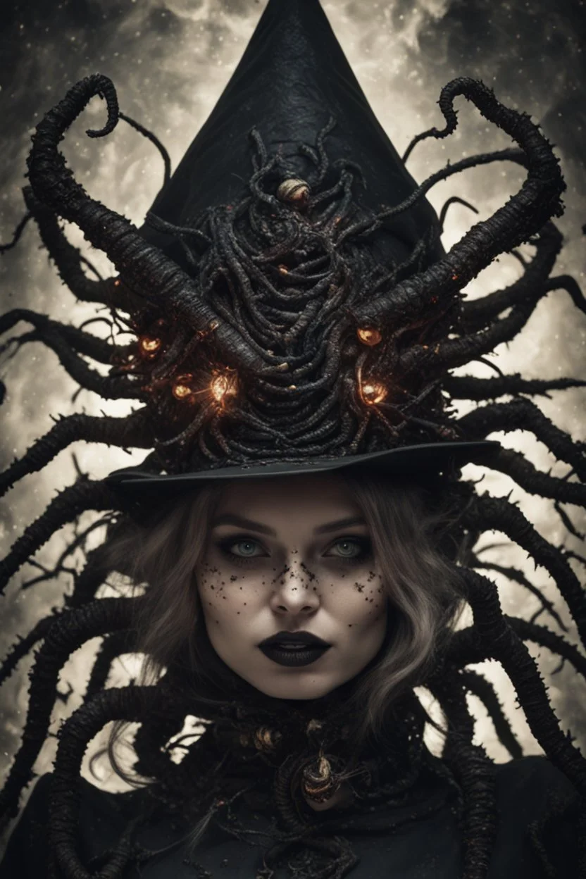 Demon girl wizard hat Halloween vintage girl, fullbody, creepy, horrifying, sinister, many worms parasite creature connected to the head and hands, sparks around her, sparks cybernetic, intricate, 8k, macro photography,