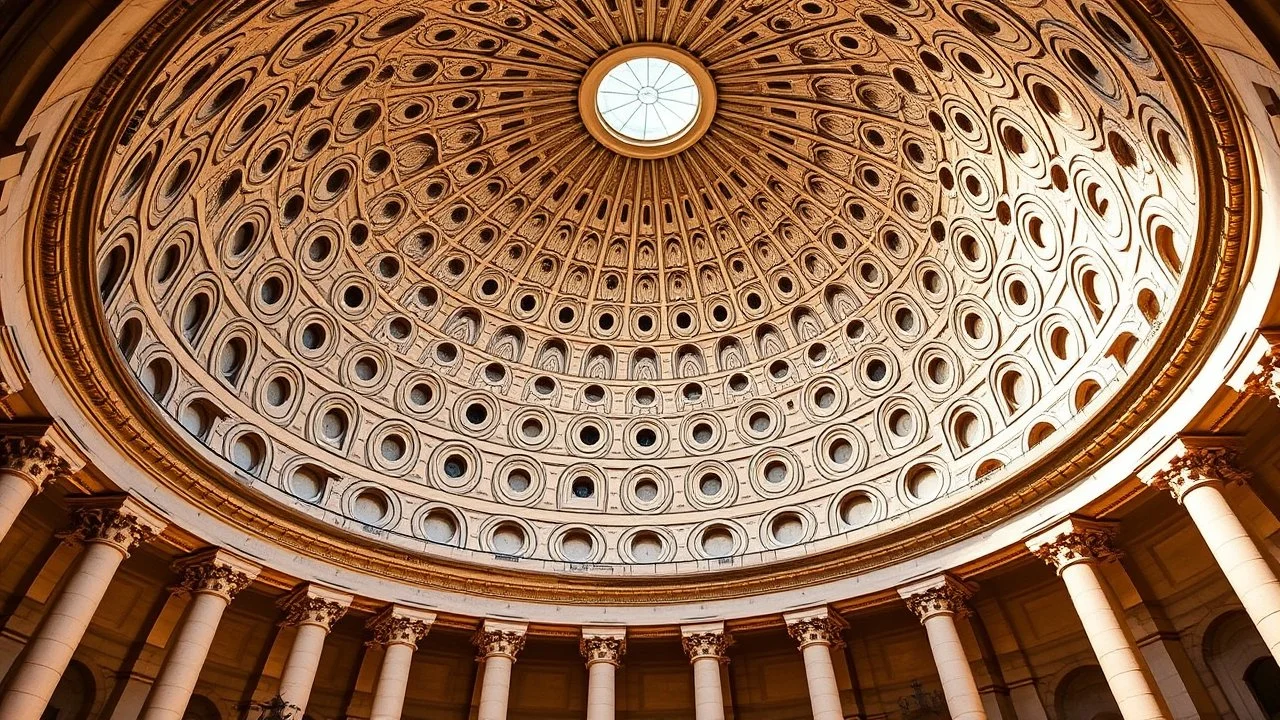 A grand, circular dome building with Lissajous-curve-inspired designs intricately carved into the stone façade. The undulating curves dance across the surface of the building, creating a mesmerizing, fluid pattern. Inside, the dome is supported by circular columns with soft, curving lines, and the ceiling features geometric art that mimics the beauty of the Lissajous curves. Award-winning photograph.