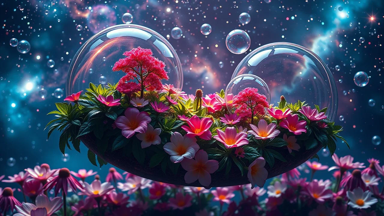 A luscious garden floating in space, where flower petals glow with the colours of distant galaxies. Many giant transparent bubbles hover above, containing miniature gardens thriving in weightlessness. Beautiful award-winning photograph, 80mm focal length, rule of thirds.. Award-winning photograph, 80mm focal length, chiaroscuro