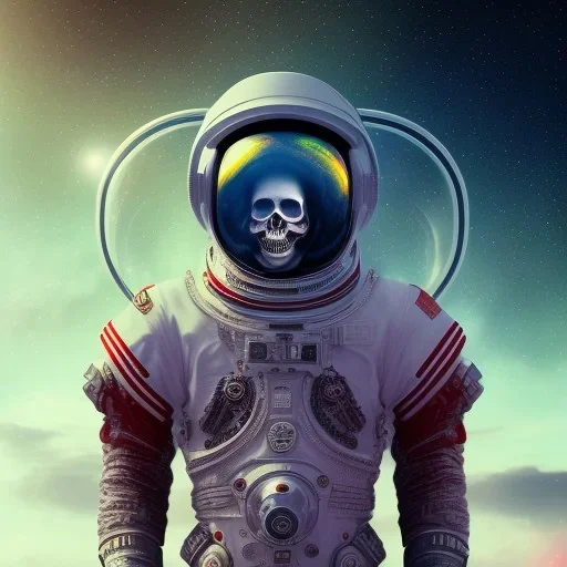 Midjourney style of detailed and intricate skull wearing red sunglasses| wearing cosmonaut suit| portrait and science fiction theme| aurora lighting| nebula and stars| stunning environment| volumetric lighting| vibrant