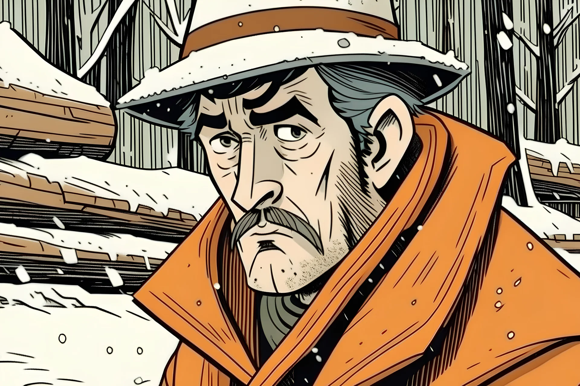 Gilani firewood breaker in the snow. is hungry He looks at the camera with sad eyes. Felt hats . long nose . comic book style