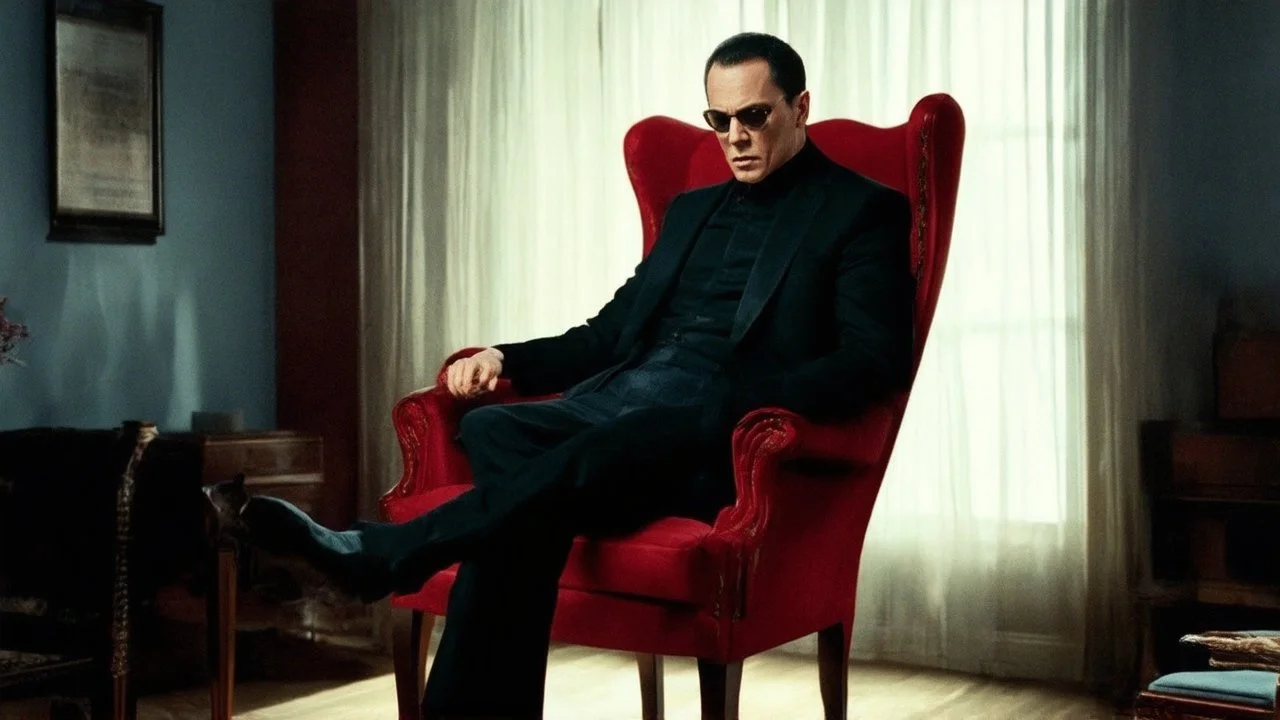 matrix, neo sitting on red old skinny chair, in the room from the movie, chooses red or blue pill, given to him from morpheus,