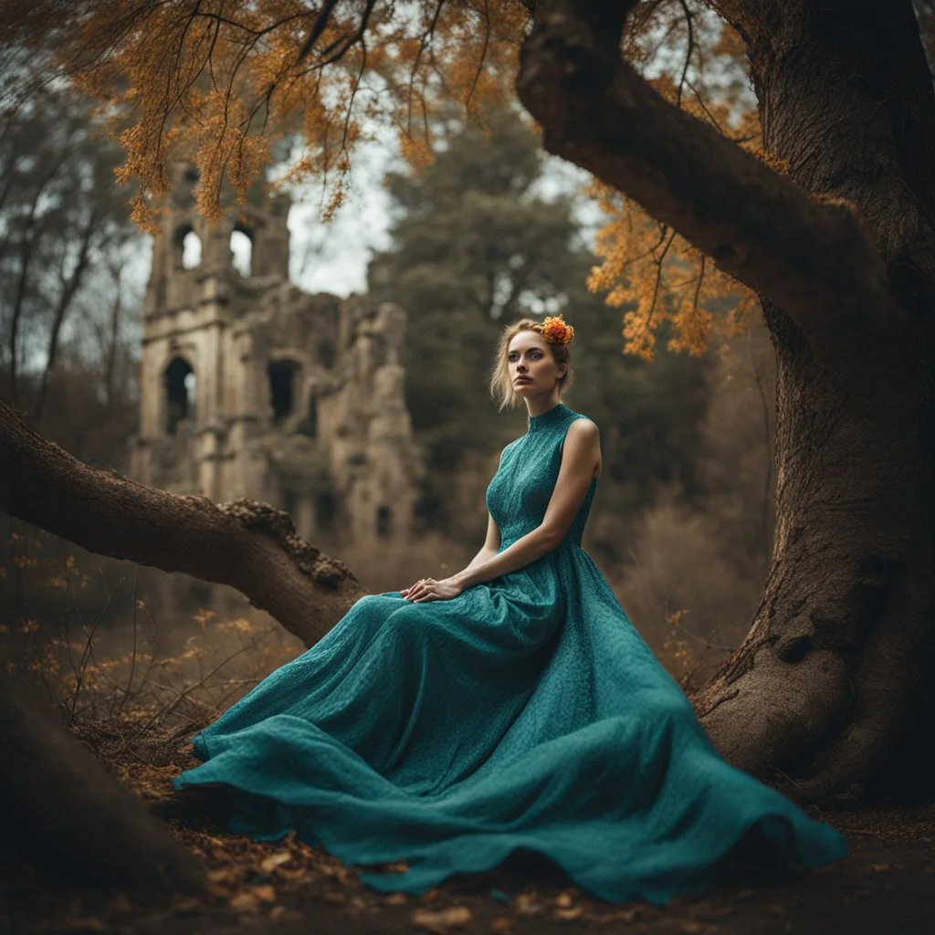 Photo of an odd being, bright colors, odd fashion, award winning photography, odd pose, trees, very accentuated details of the dress and skin, eerily mysterious, artistic photo, shot on Hasselblad, high definition, high resolution, 8k, 3d render, very detailed, F/2.8. Background ruins, after a war, noon-light, odd