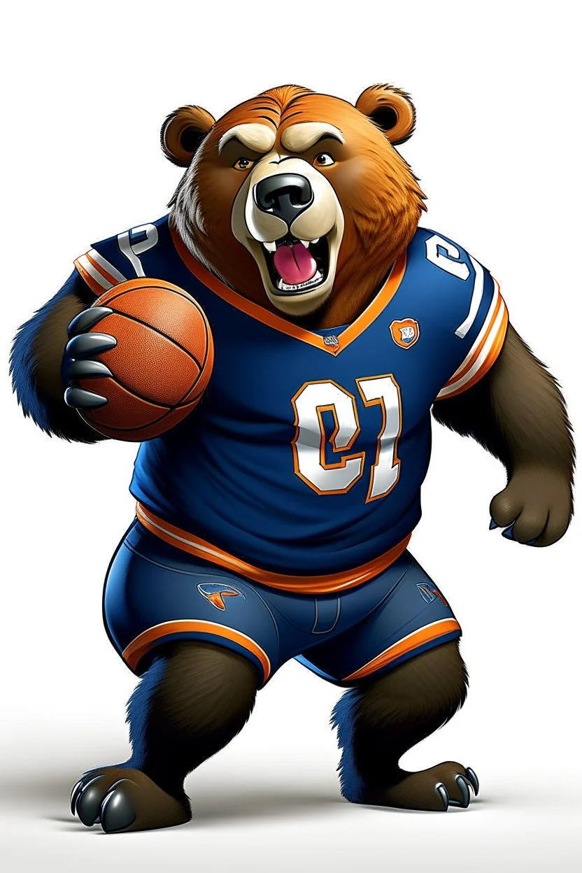 big burly Bear takes a playful turn in a football-themed crossover! Dressed in a Chicago Bears jersey, he stands on the field with a football in hand, a mischievous grin on his face. Instead of his usual magic, he balances the football effortlessly on his finger, ready to bring magic to the game. The scene is set against a white background.