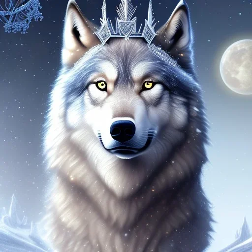 portrait of large wolf standing beside gorgeous, stunning, ice queen goddess, intricate crystal ice crown, 8k resolution, high-quality, fine-detail, ornate, digital art, detailed matte, volumetric lighting, brian froud, howard lyon, selina french, annie stokes, lisa parker, greg rutowski,