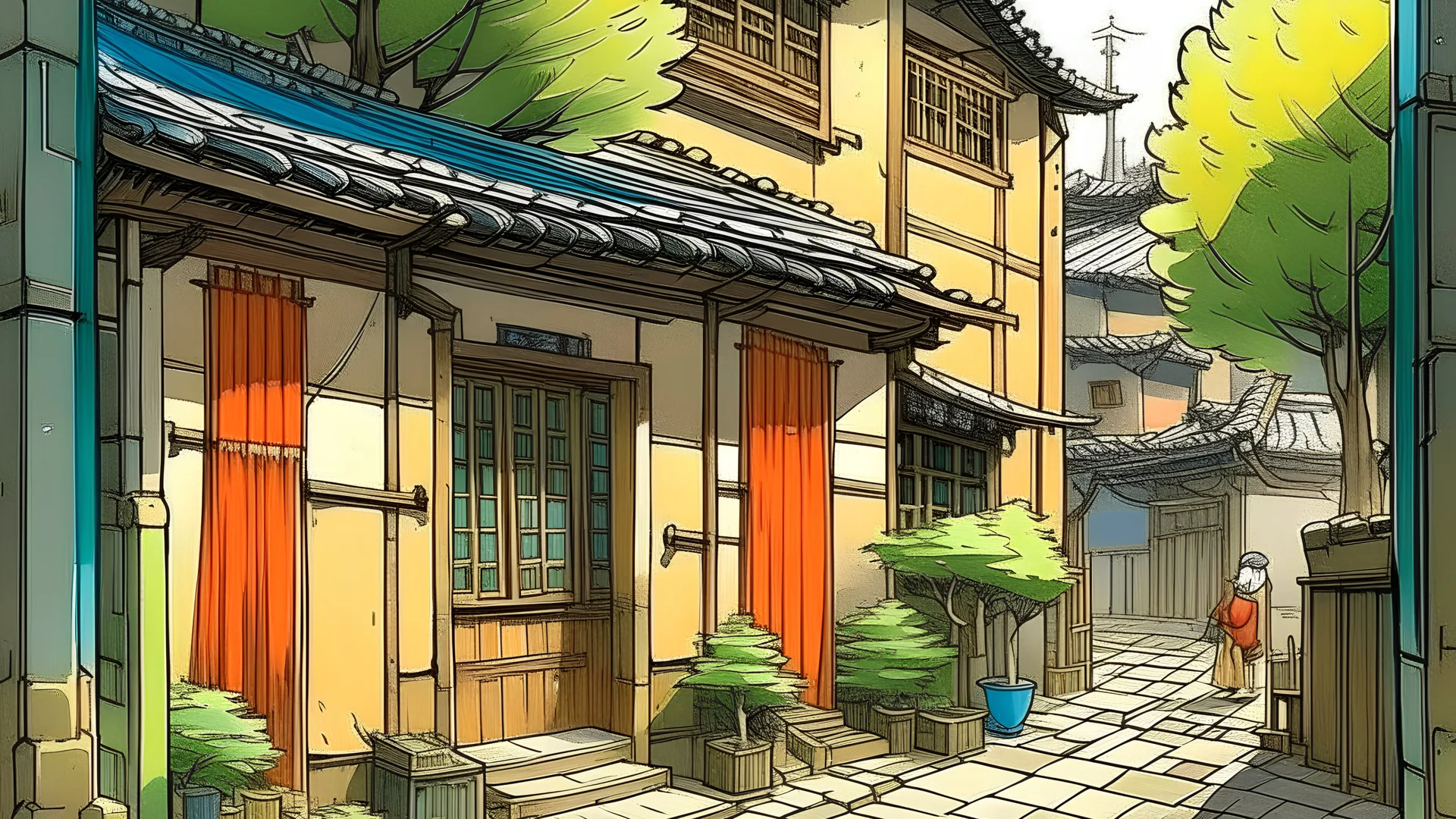 In this chapter, the reader goes to a small, isolated city filled with colors of calm and tranquility. Old buildings and narrow streets blend harmoniously, surrounded by pine and willow trees that color the air with a pleasant breeze. The character of traditional architecture reflects a beauty rooted in history, as details of time are reflected in the facades of old houses. An old sauna stands out in the depths of the city, a secluded oasis in the heart of nature. Sunlight filters through the i