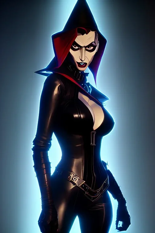 Evil witch SOPHIA LOREN dressed in shiny black leather, frank miller sin city, busty, cleavage, volumetric lighting, particales,highly detailed,cinematic, deep colours,8