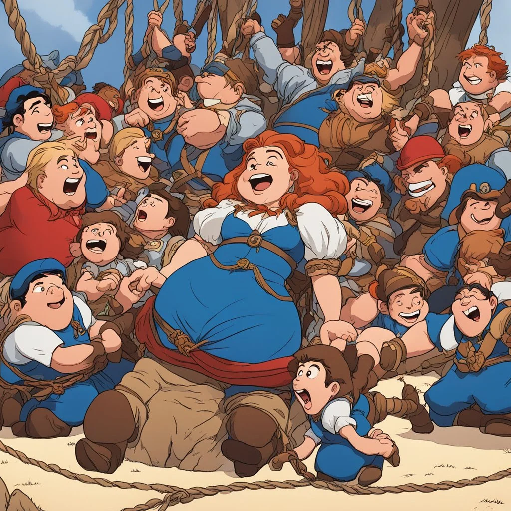 it's a scene from Gulliver where the giant is a woman: she's tied up and tickled by lots of dwarfs, she wriggles and writhes with laughter, she's on the ground, surrounded by ropes, with the dwarfs tickling her relentlessly.
