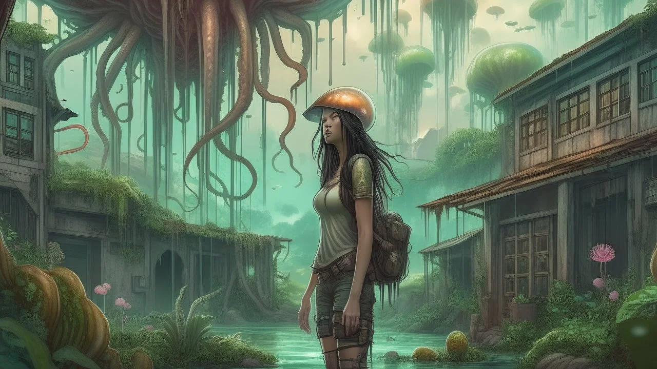 floating alien mushrooms with jellyfish tentacles, rampant foliage, vines, and Spanish moss, next to derelict buildings, a woman with black hair in a ponytail, camouflage trousers and jacket, photorealistic, Intricate Detail