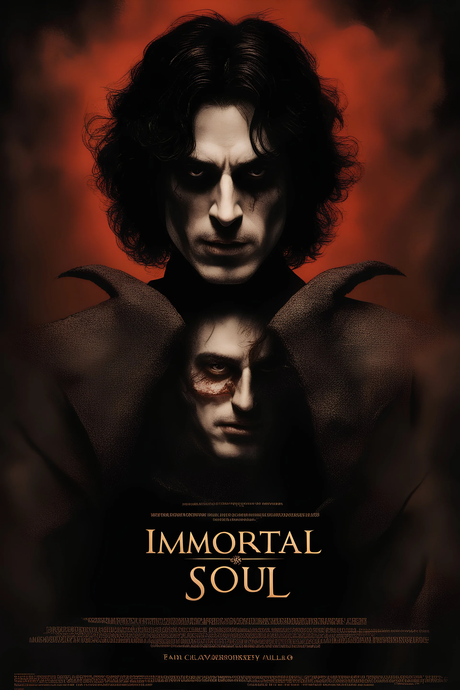 Movie Poster -- "Immortal Soul," Starring Paul Stanley as the evil vampire and Timothee Chalamet as Malcolm Stark - After witnessing the murder of his wife, at the hands of an evil vampire, he vows to avenge her death - in the art style of Boris Vallejo, Frank Frazetta, Julie bell, Caravaggio, Rembrandt, Michelangelo, Picasso, Gilbert Stuart, Gerald Brom, Thomas Kinkade, Neal Adams, Jim Lee, Sanjulian, Thomas Kinkade, Jim Lee,