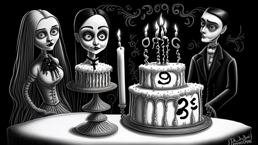 draw a birthday cake with logo number 23 or one candle 23 .Insanely detailed Addams Family movie still with Barbie dolls, art by tim burton