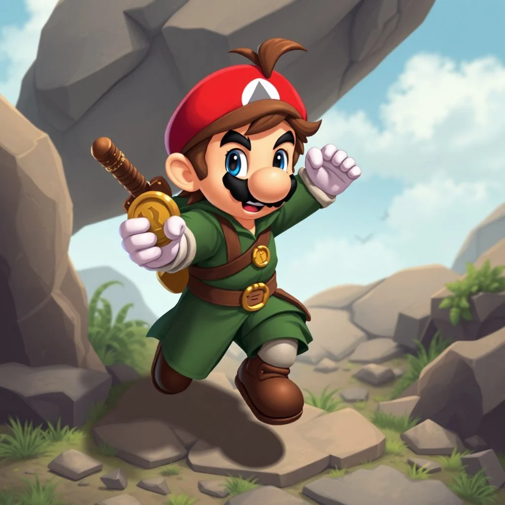 Male Fantasy RPG character, chaabi kawaii mario proportions, lord of the rings inspiration, with a coin held out in front, in a bounding run out from behind a large rock), 3/4 view, isometric game