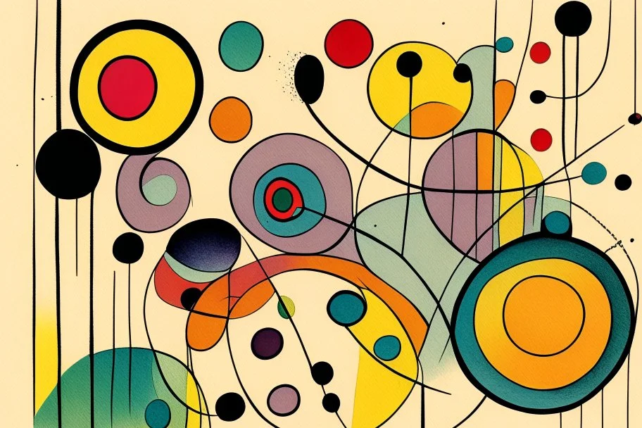 abstract in the style of Paul Klee with circles of colour and sketchy thin inky lines.