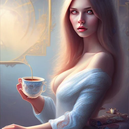 fantasy art, book cover, sexy grown up woman with pale blue eyes drinking tea by the mirror