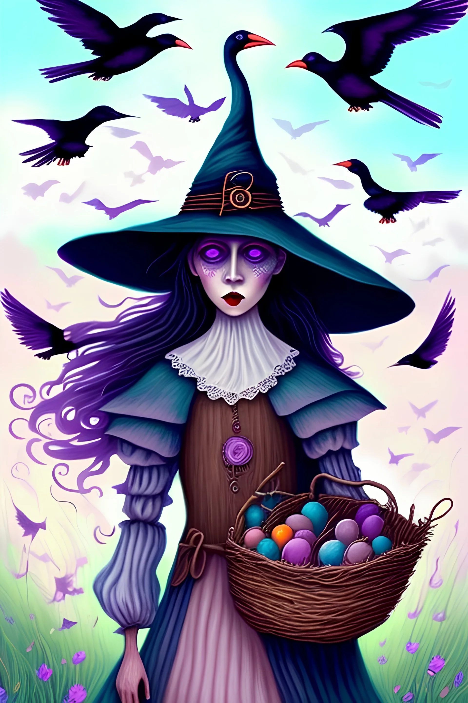 Friendly witch, playing with crows, perfect eyes, pastel colour, chalk, style Elisabeth Kreitz