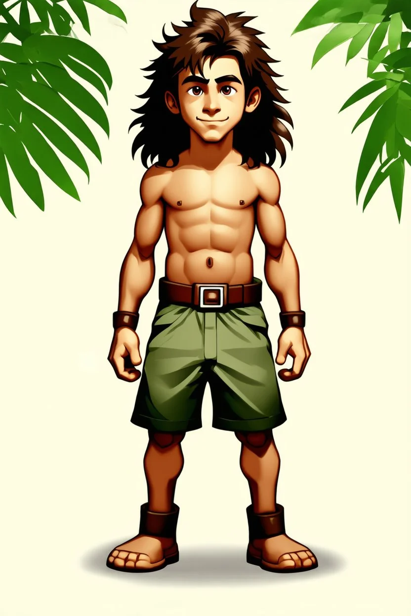 a beautiful young jungle boy with long hair ((full body view))