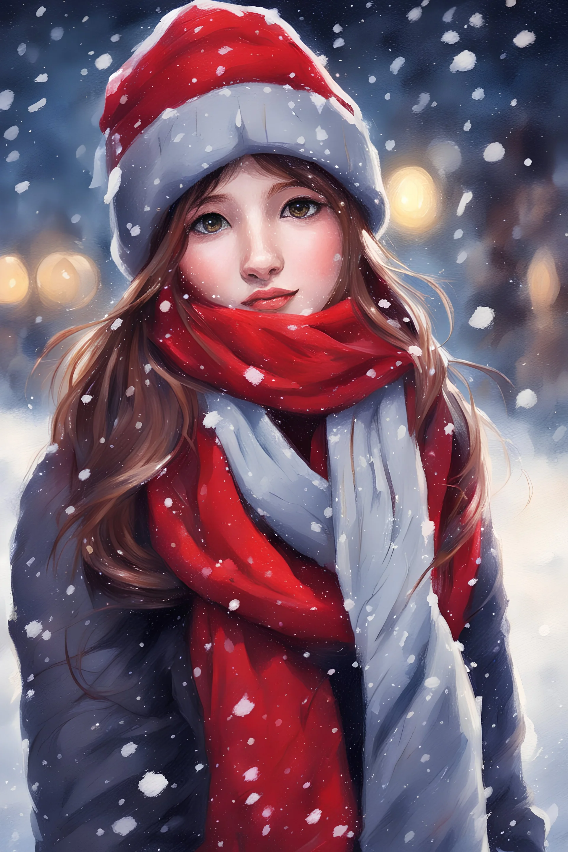 Painting of a cute girl in a red hat and scarf, pretty face, snowfall in the background, bright night