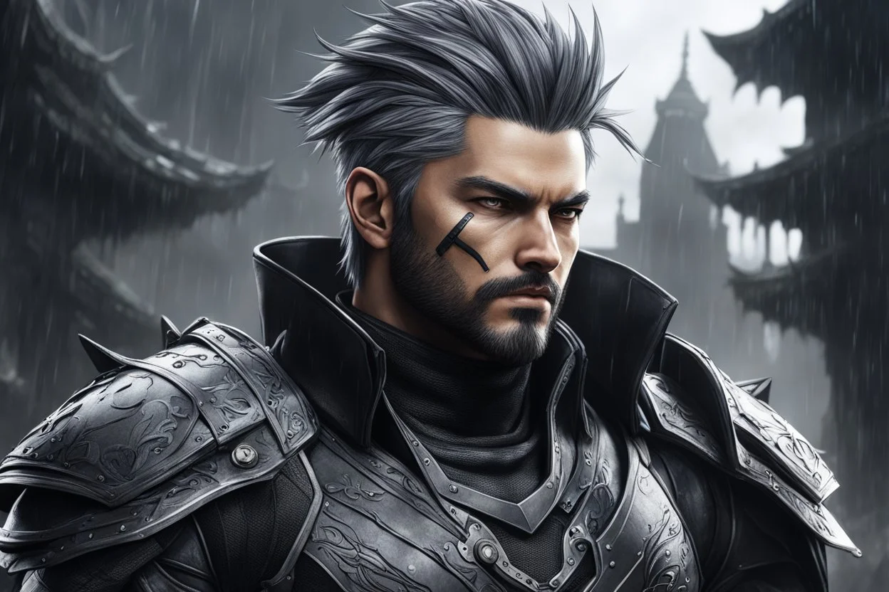 Machine venom in 8k nier automata drawing style, yasuo costume, yasuo hair, rain, highly detailed, high details, detailed portrait, masterpiece,ultra detailed, ultra quality