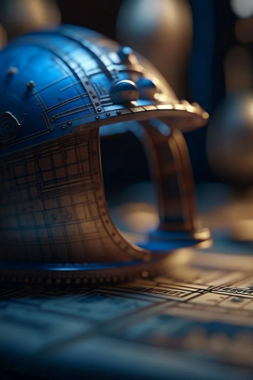 blueprint on a paper of a viking helmet, bokeh like f/0.8, tilt-shift lens 8k, high detail, smooth render, down-light, unreal engine, prize winning