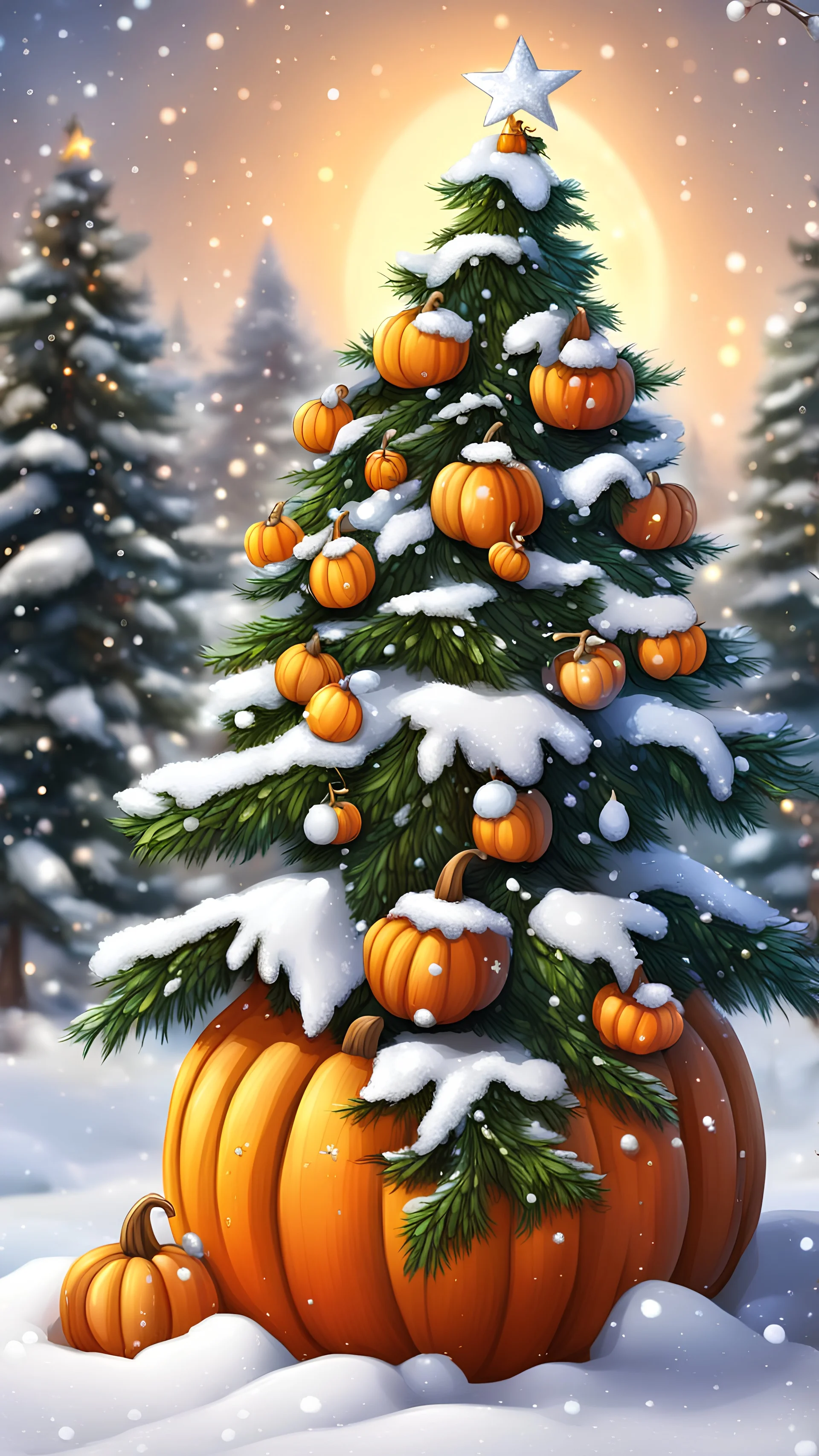 Pumpkin with snow , Merry-x-mas decoration, tree, cartoon